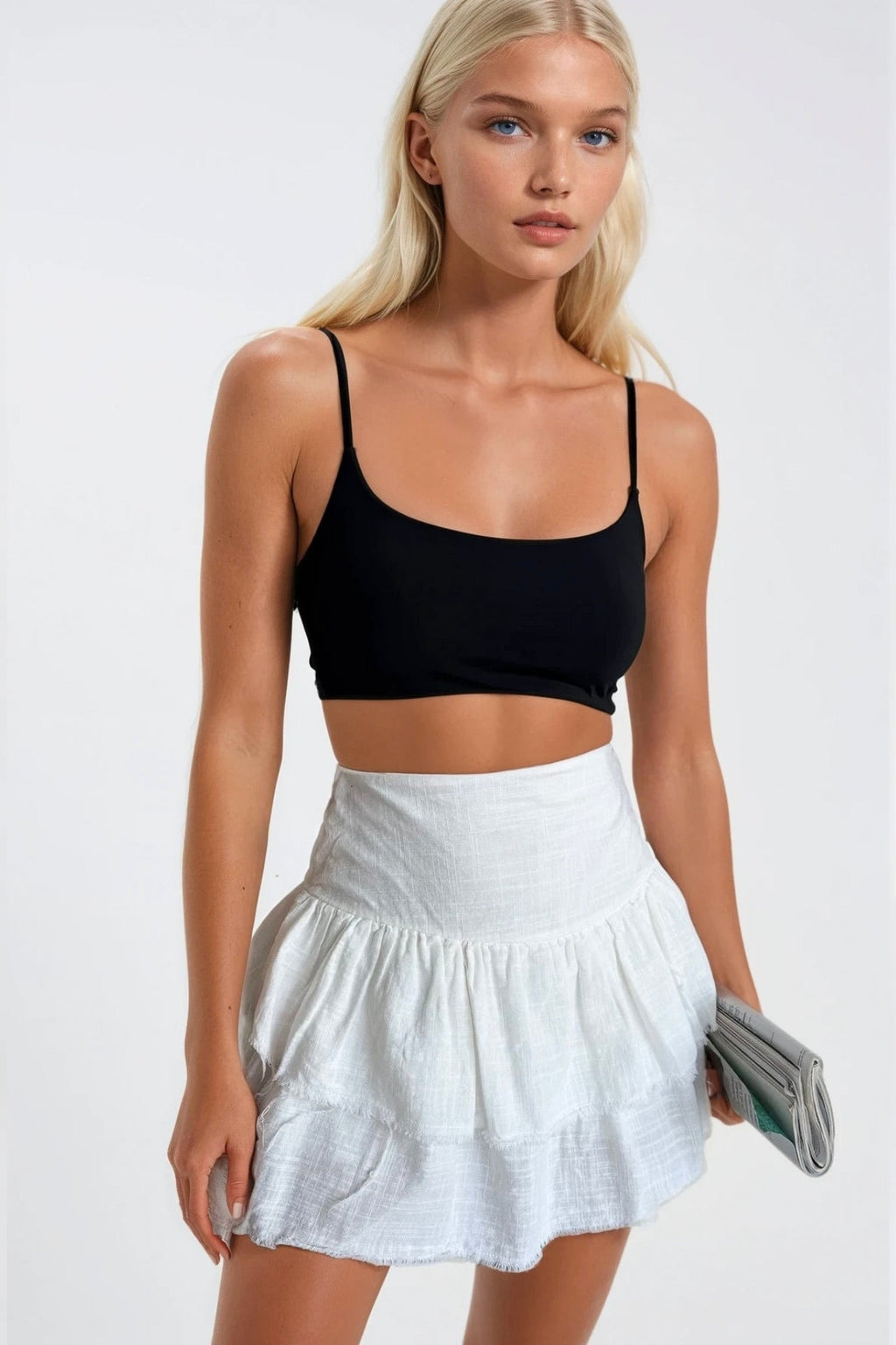 High Waist Pileli White Mini Skirt
