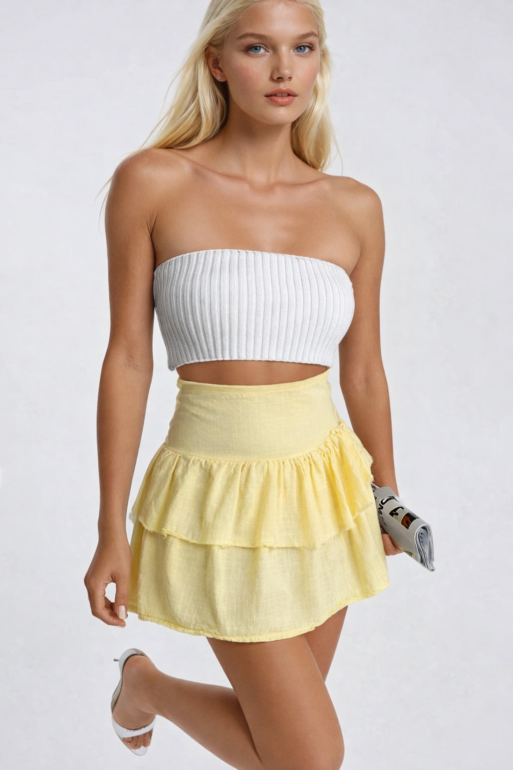 High Waist Pileli Yellow Mini Skirt