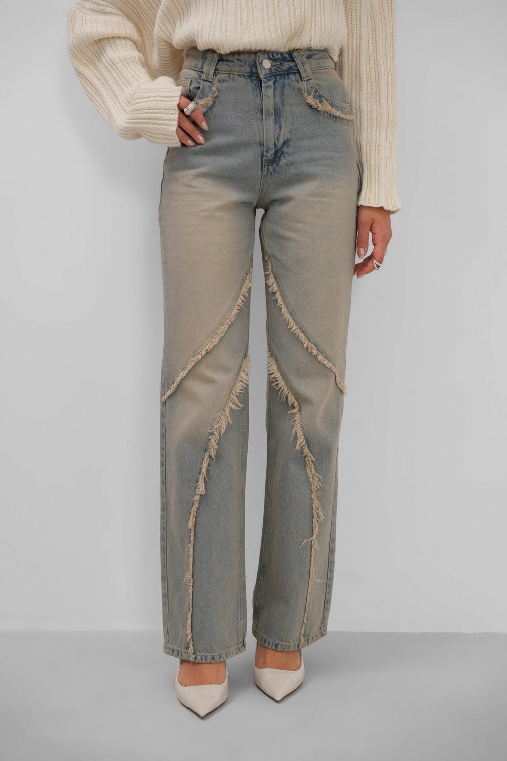 High Waist Fringe Detailli Light Blue Jeans