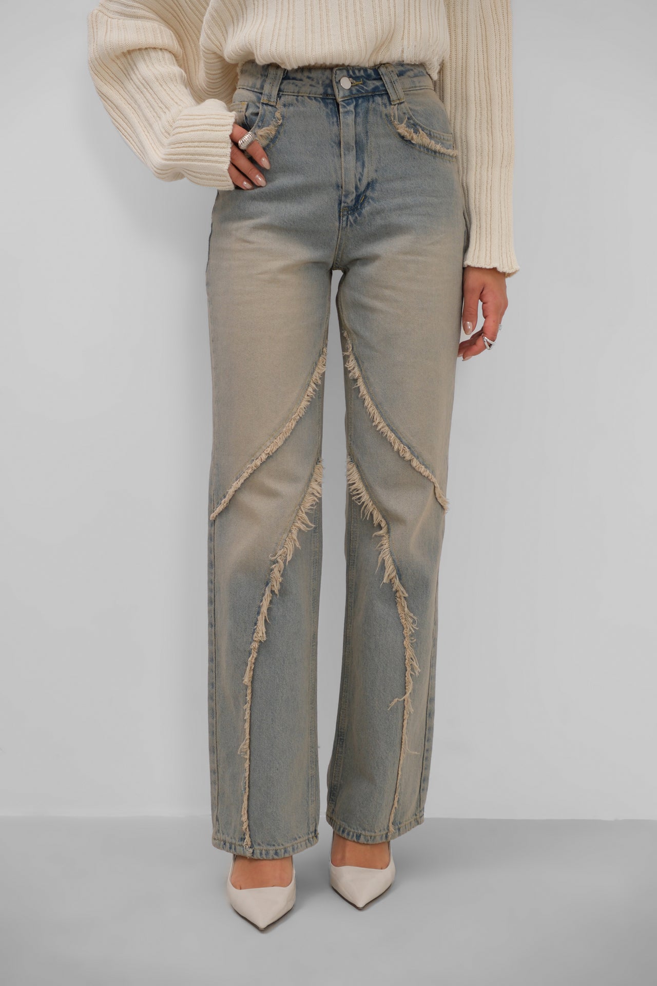 High Waist Fringe Detailli Light Blue Jeans