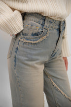 High Waist Fringe Detailli Light Blue Jeans