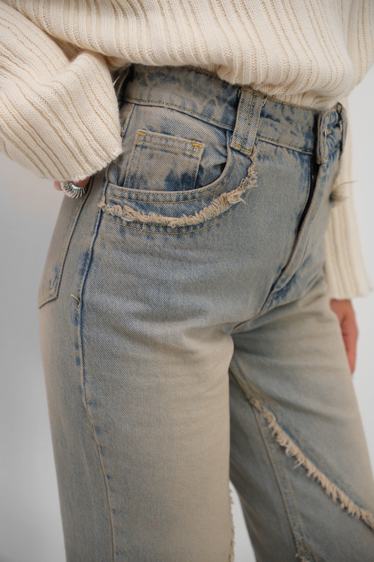 High Waist Fringe Detailli Light Blue Jeans