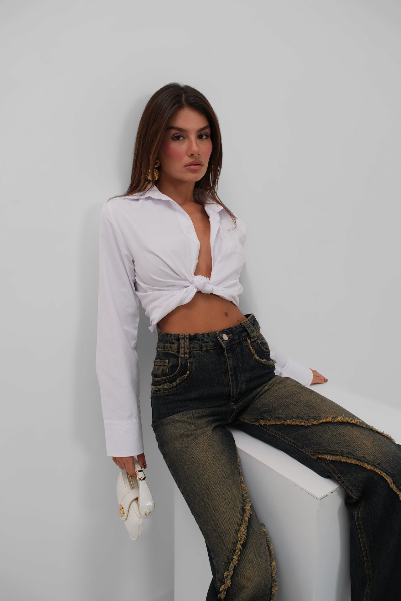 High Waist Fringe Detailli Dark Blue Jeans