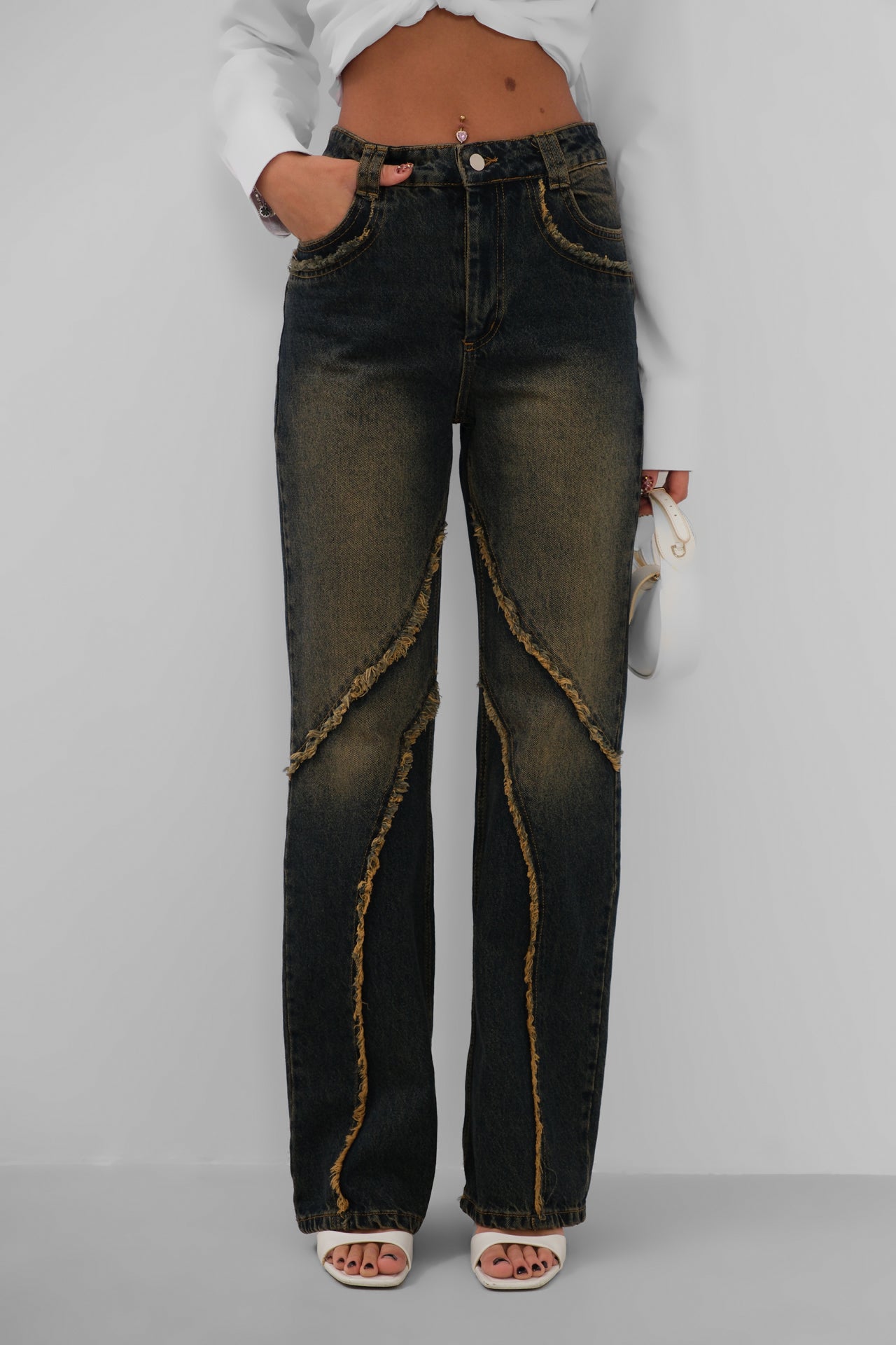 High Waist Fringe Detailli Dark Blue Jeans