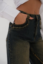High Waist Fringe Detailli Dark Blue Jeans