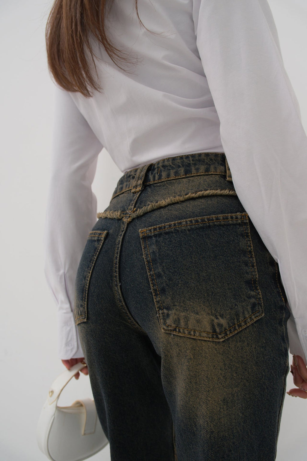High Waist Fringe Detailli Dark Blue Jeans