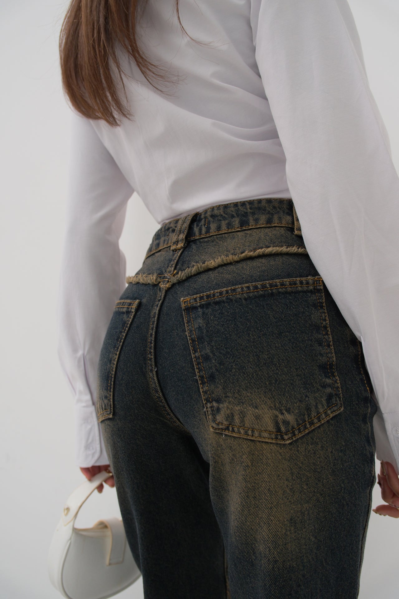 High Waist Fringe Detailli Dark Blue Jeans