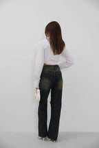High Waist Fringe Detailli Dark Blue Jeans