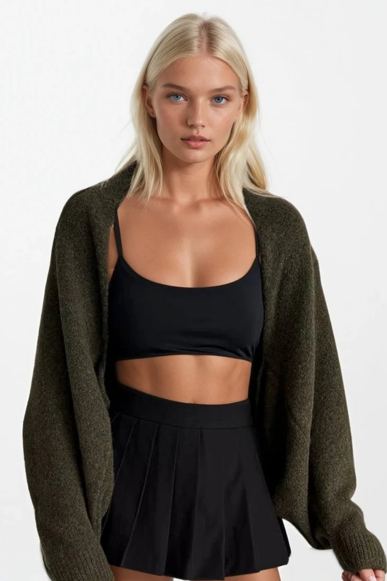 Wool Blend Balloon Sleeve Khaki Knit Sweater