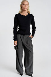 Wool Blend Button Detail Black Knit Blouse