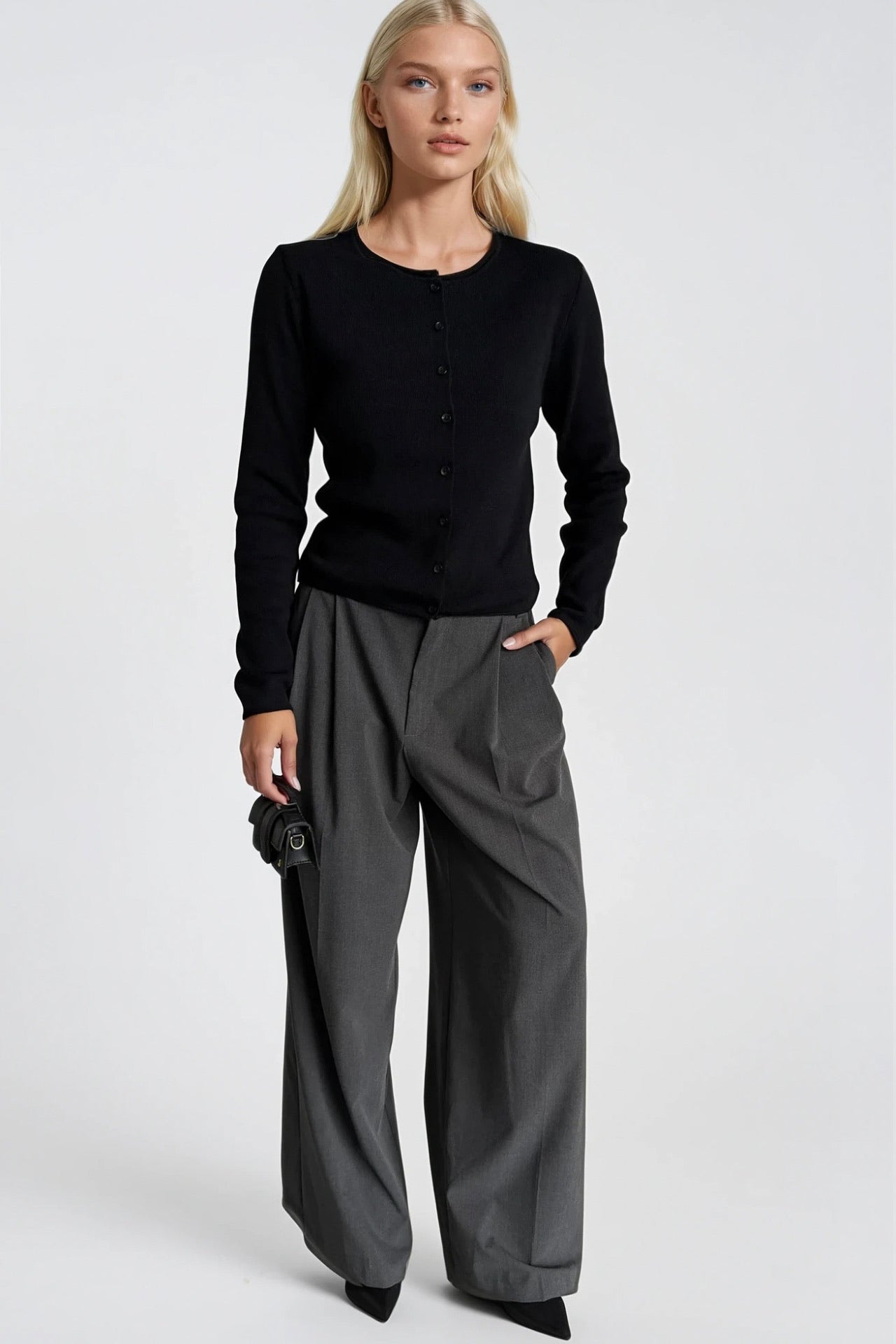 Wool Blend Button Detail Black Knit Blouse