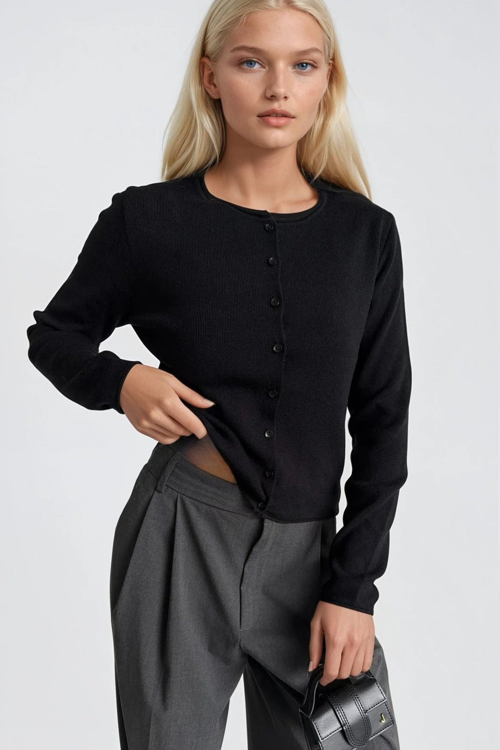 Wool Blend Button Detail Black Knit Blouse