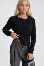 Wool Blend Button Detail Black Knit Blouse