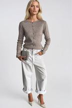 Wool Blend Button Detail Beige Knit Blouse