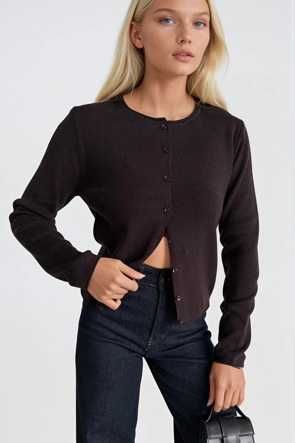 Wool Blend Button Detail Brown Knit Blouse