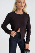 Wool Blend Button Detail Brown Knit Blouse