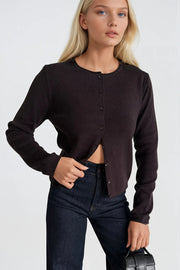 Brown Knitted Blouse with Wool Blend and Button Detail