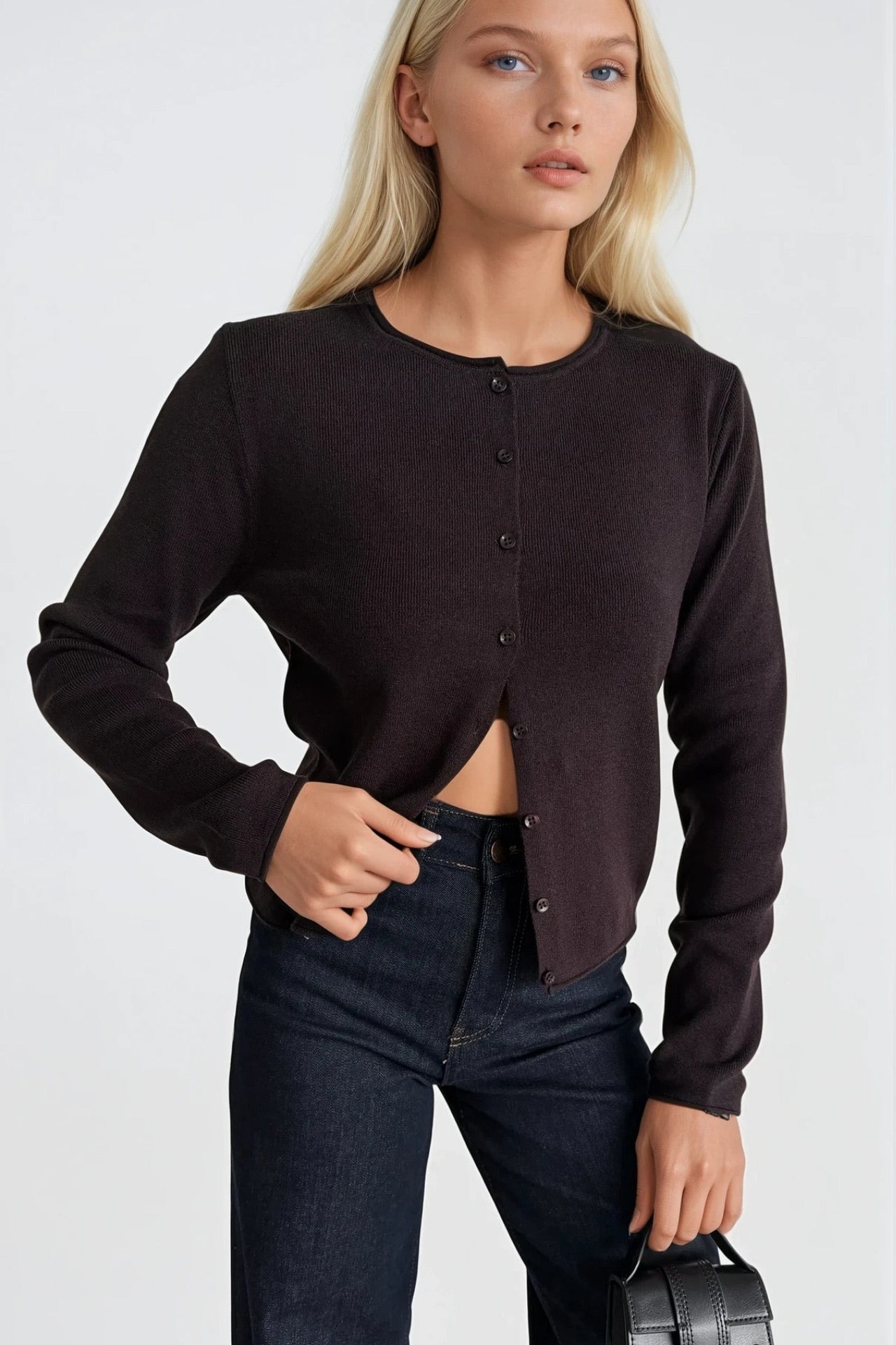Wool Blend Button Detail Brown Knit Blouse