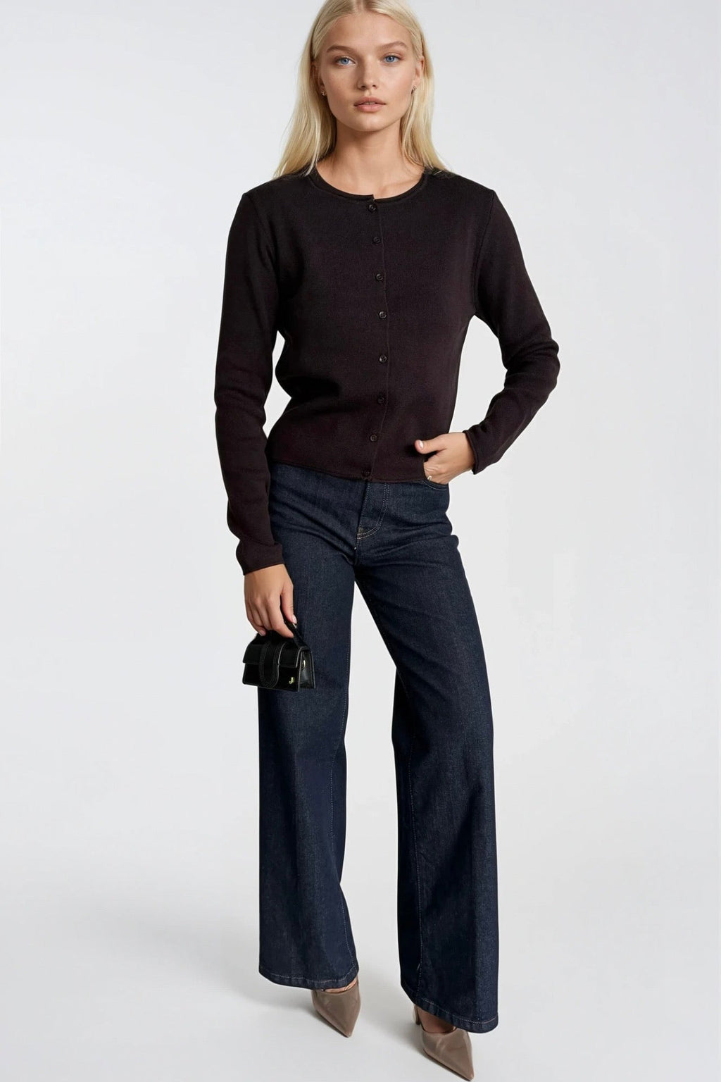 Wool Blend Button Detail Brown Knit Blouse