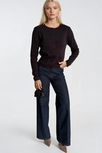Wool Blend Button Detail Brown Knit Blouse
