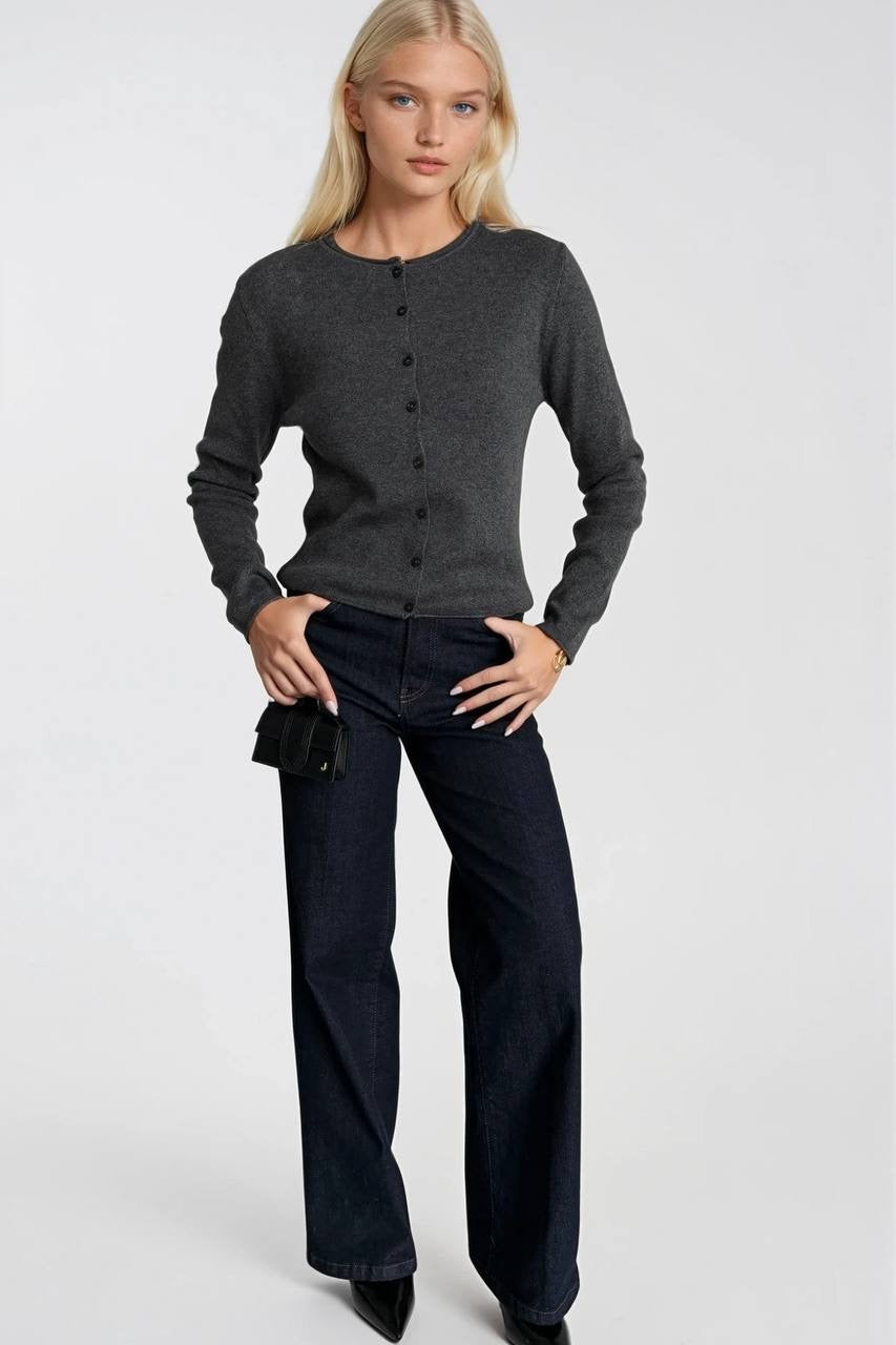 Wool Blend Button Detail Anthracite Knit Blouse