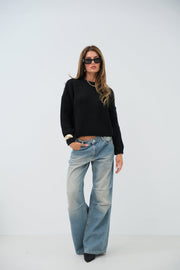 Round Neck Black Oversized Knitwear Black Sweater