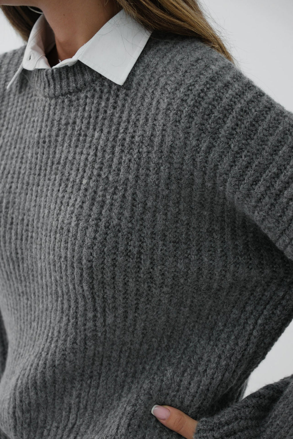 Round Yakali Gray Oversize Knit Gray Sweater