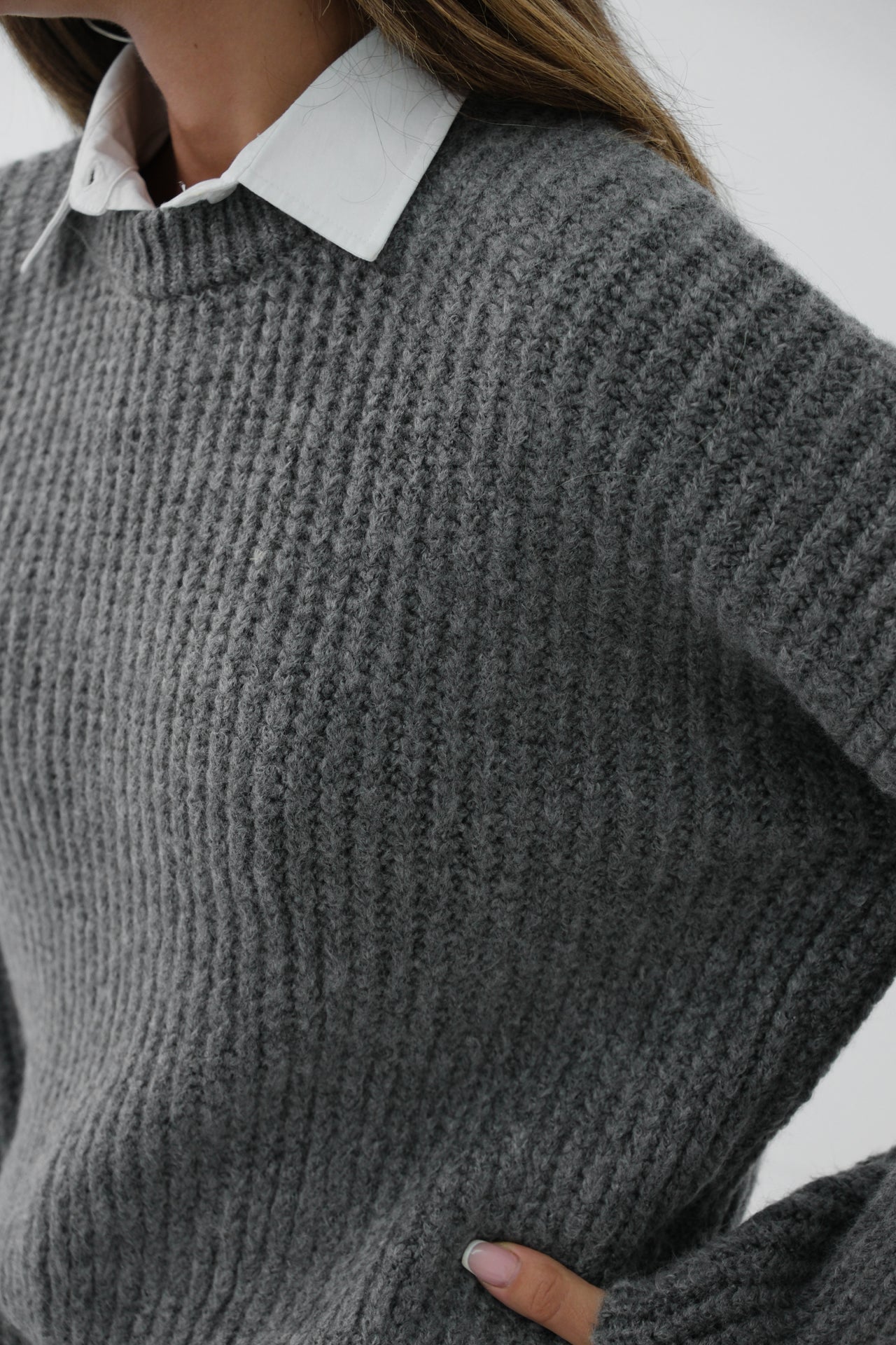 Round Yakali Gray Oversize Knit Gray Sweater