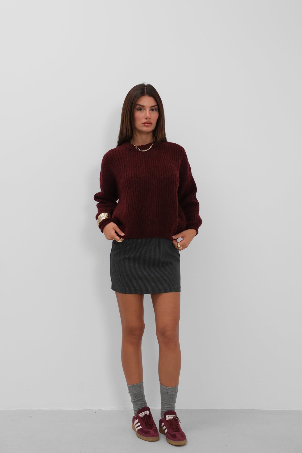 Round Yakali Oversize Knit Burgundy Sweater