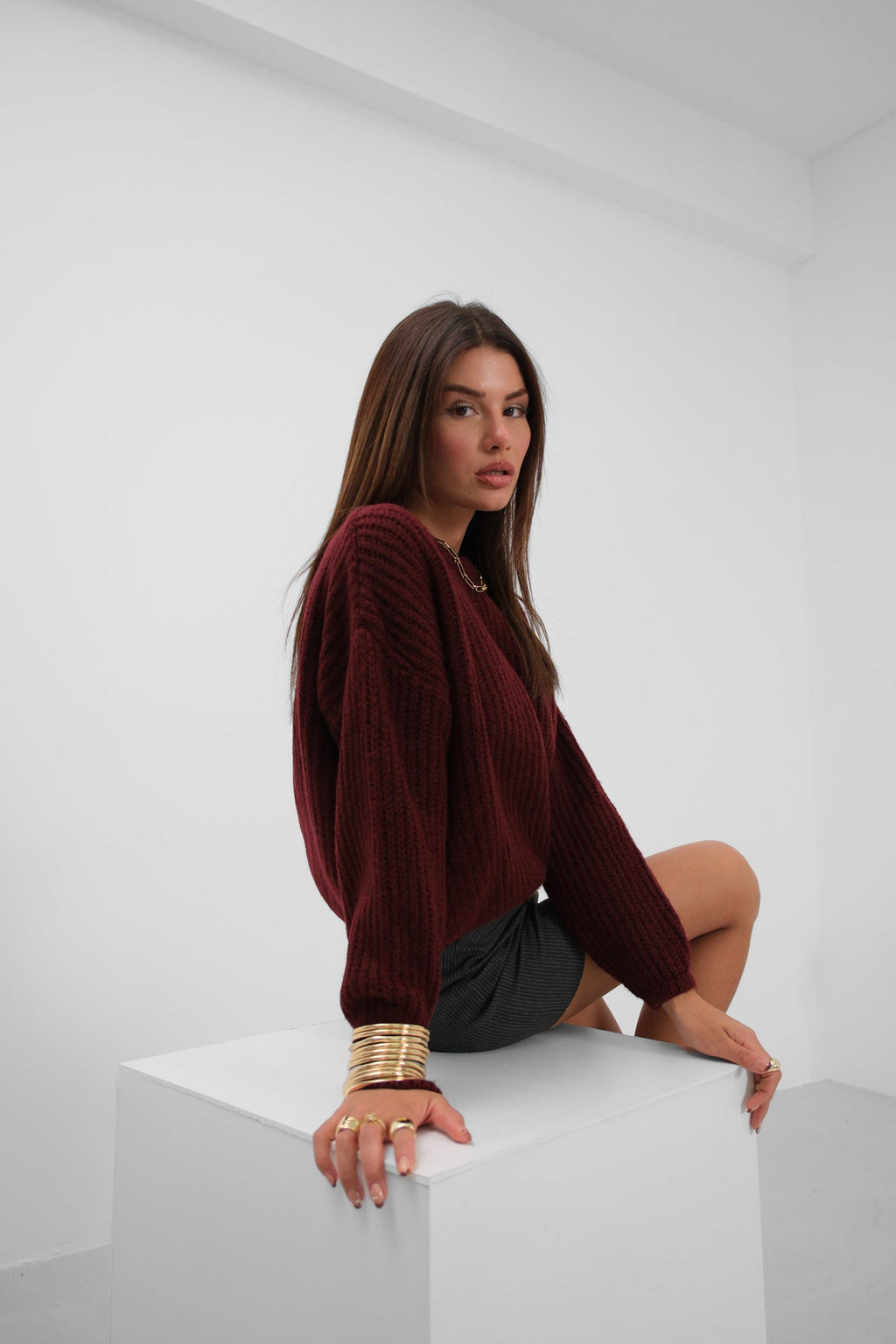 Round Yakali Oversize Knit Burgundy Sweater