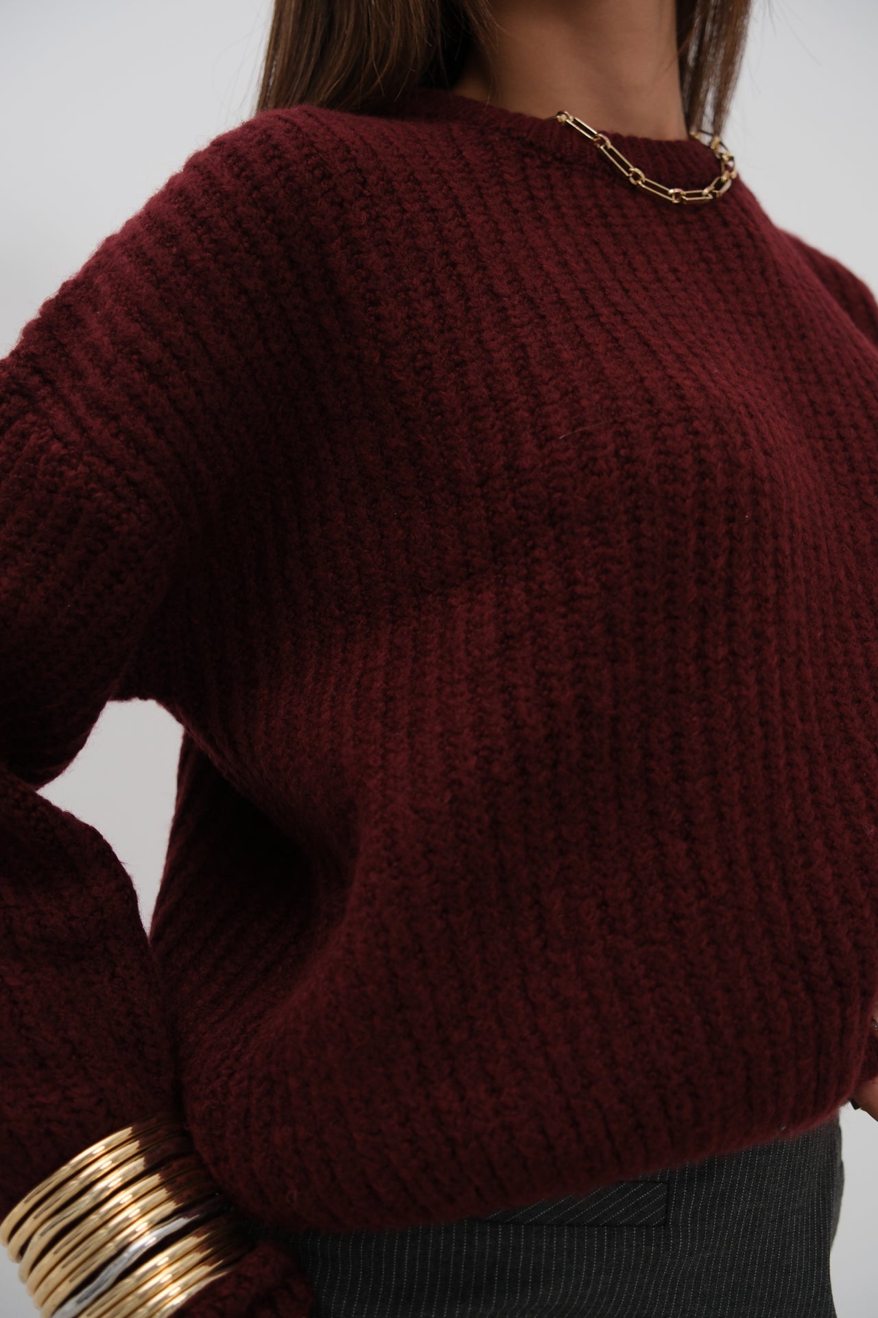Round Yakali Oversize Knit Burgundy Sweater
