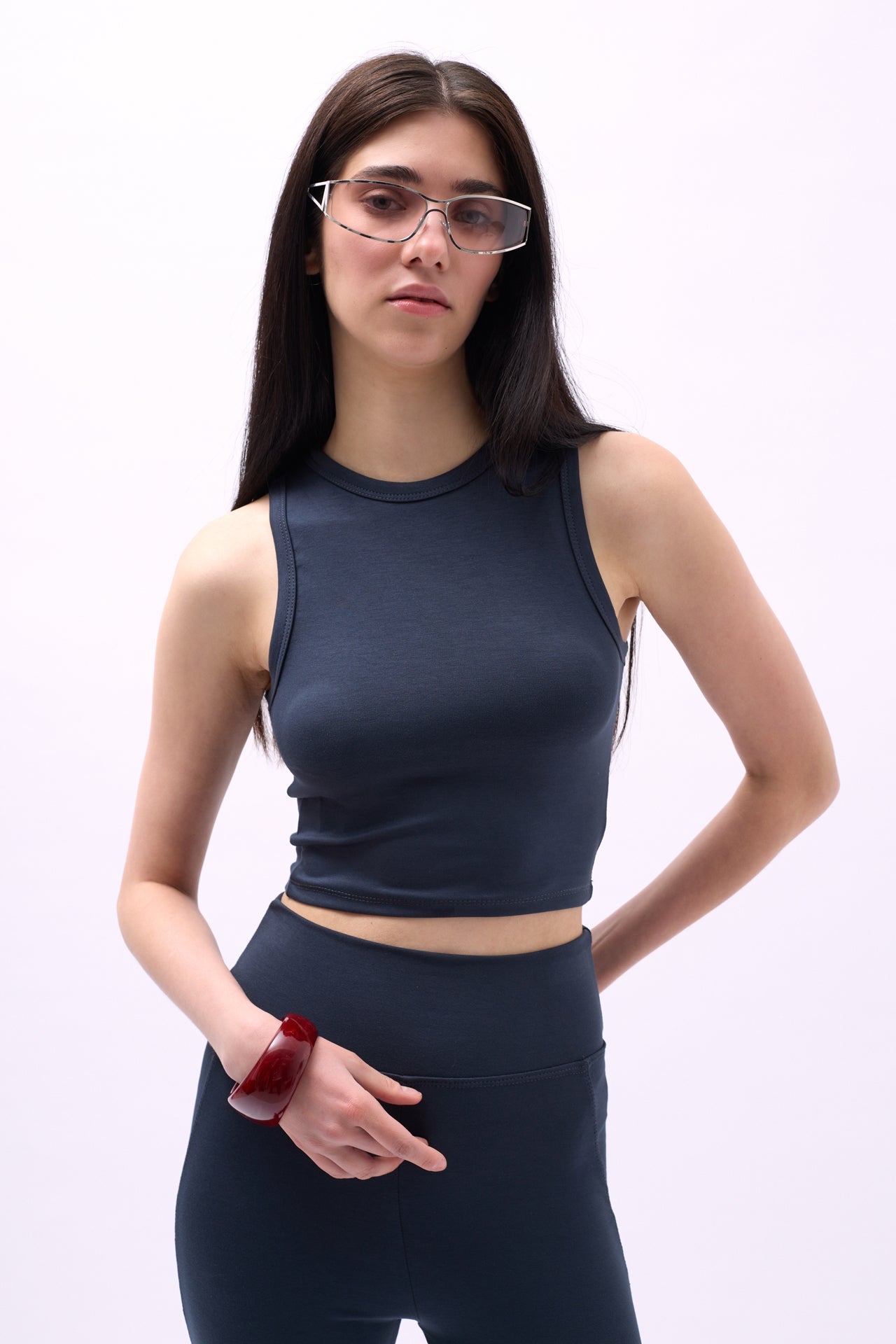 Racer Neck Crop Anthracite Blouse