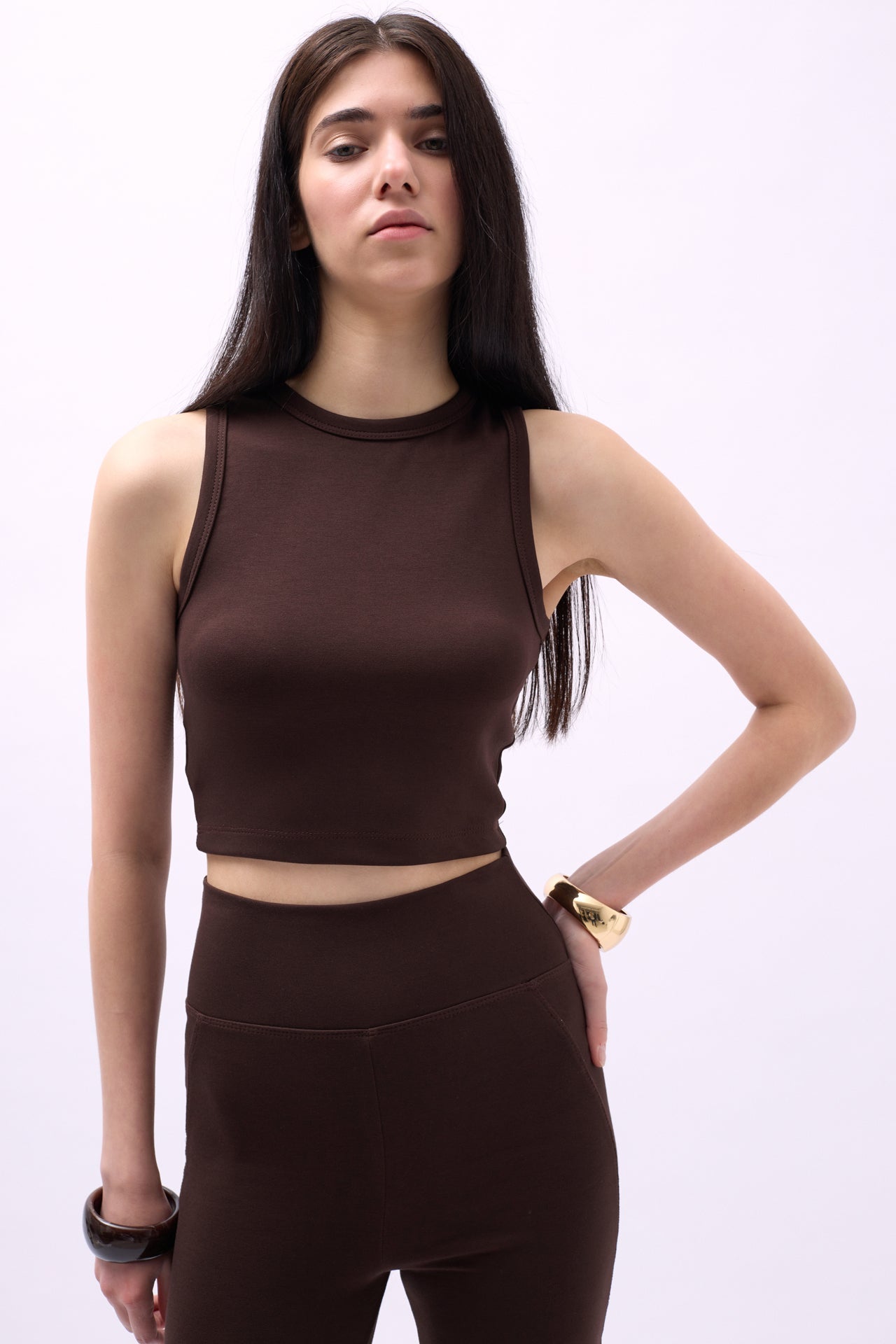 Racer Neck Crop Brown Blouse