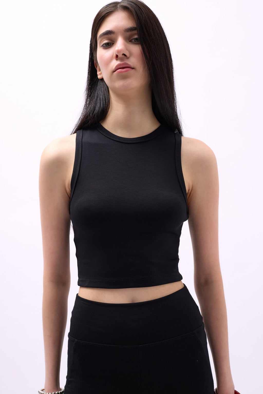 Racer Neck Crop Black Blouse