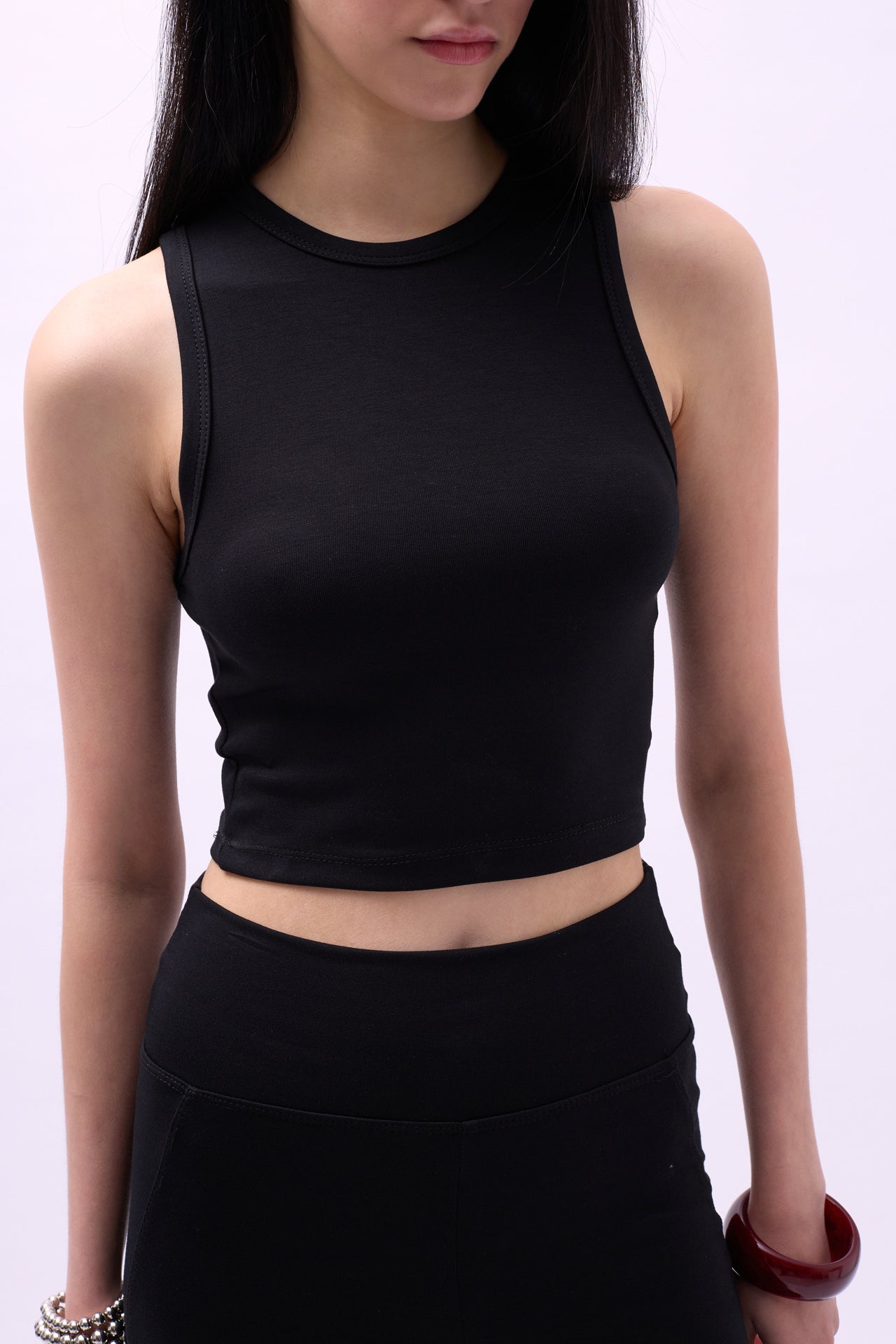 Racer Neck Crop Black Blouse