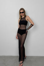 Racer Neck Maxi Black Tulle Dress