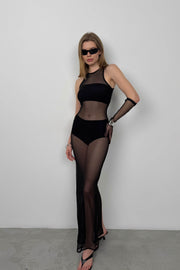 Swimmer Collar Maxi Black Tulle Dress