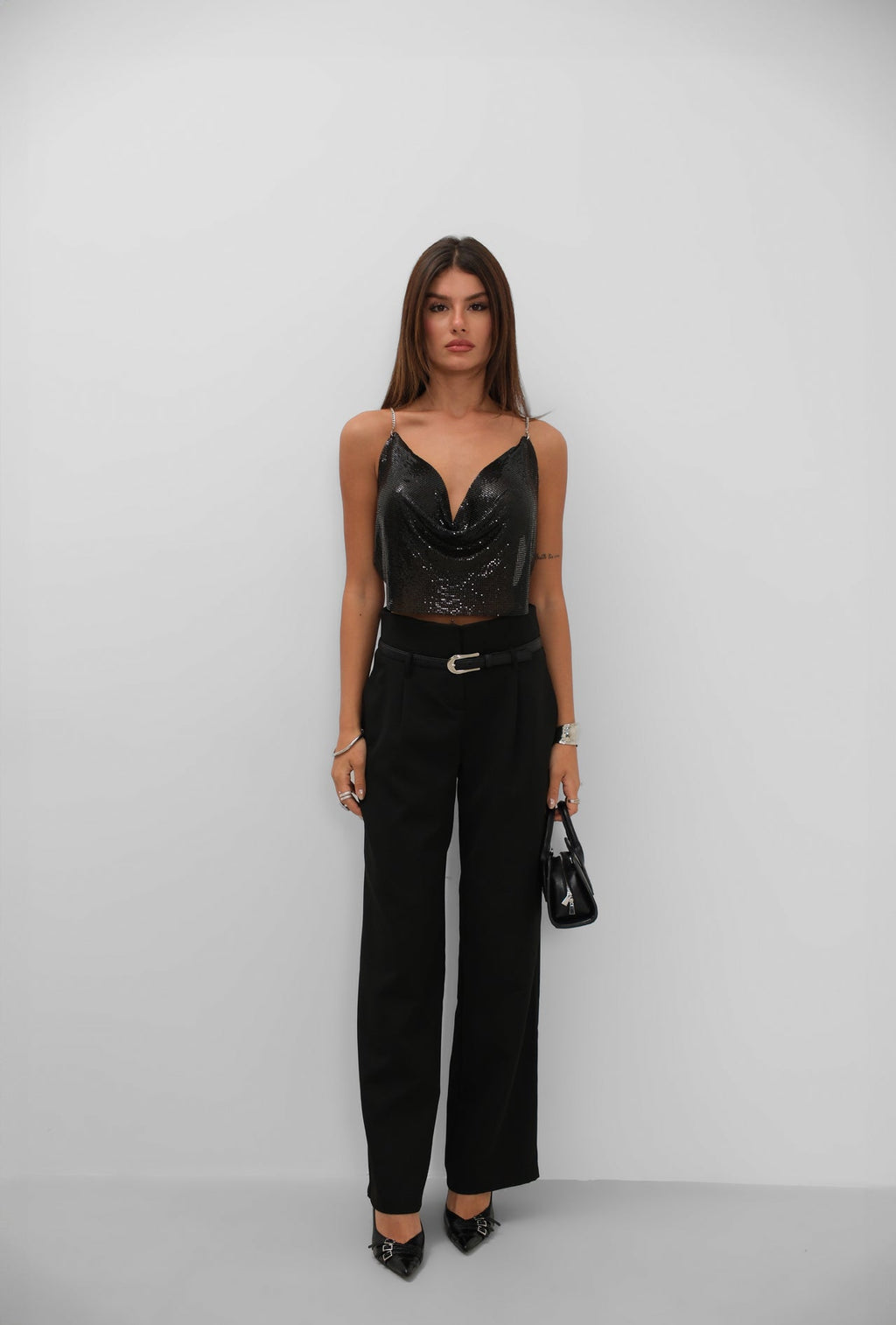 Chain Strap Sequined Black Crop