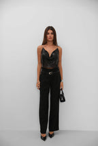 Chain Strap Sequined Black Crop