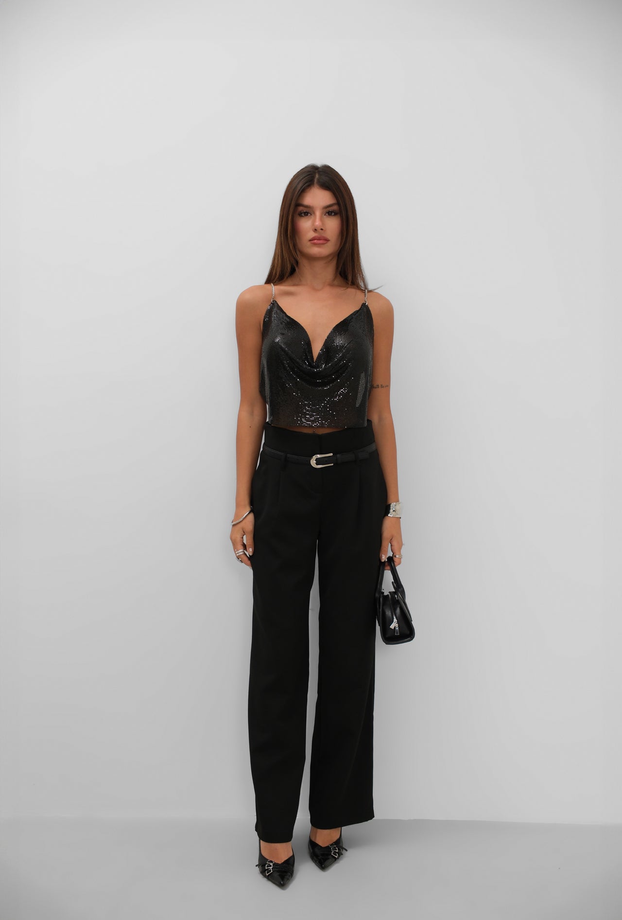 Chain Strap Sequined Black Crop