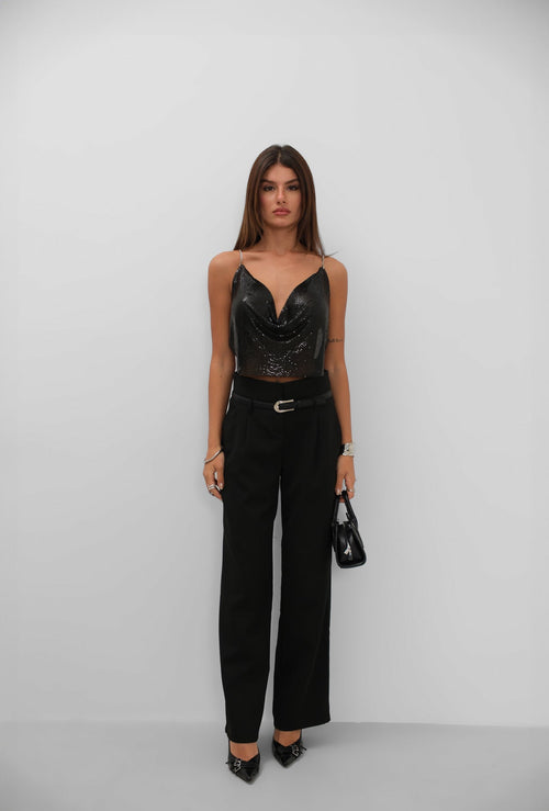 Chain Strap Sequined Black Crop